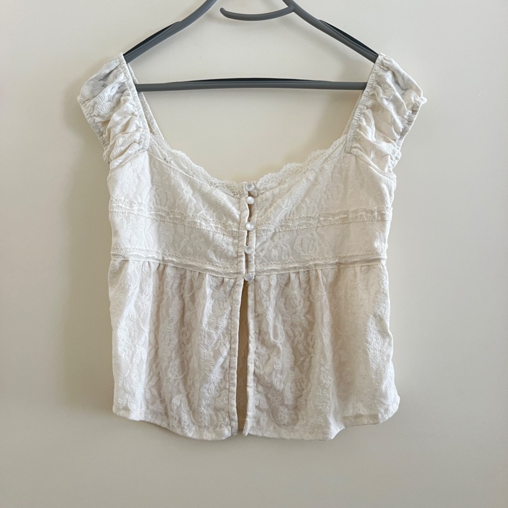 Floral Lace Milkmaid Top Medium Cream Cut Out Button Front Boho Cottage Romantic